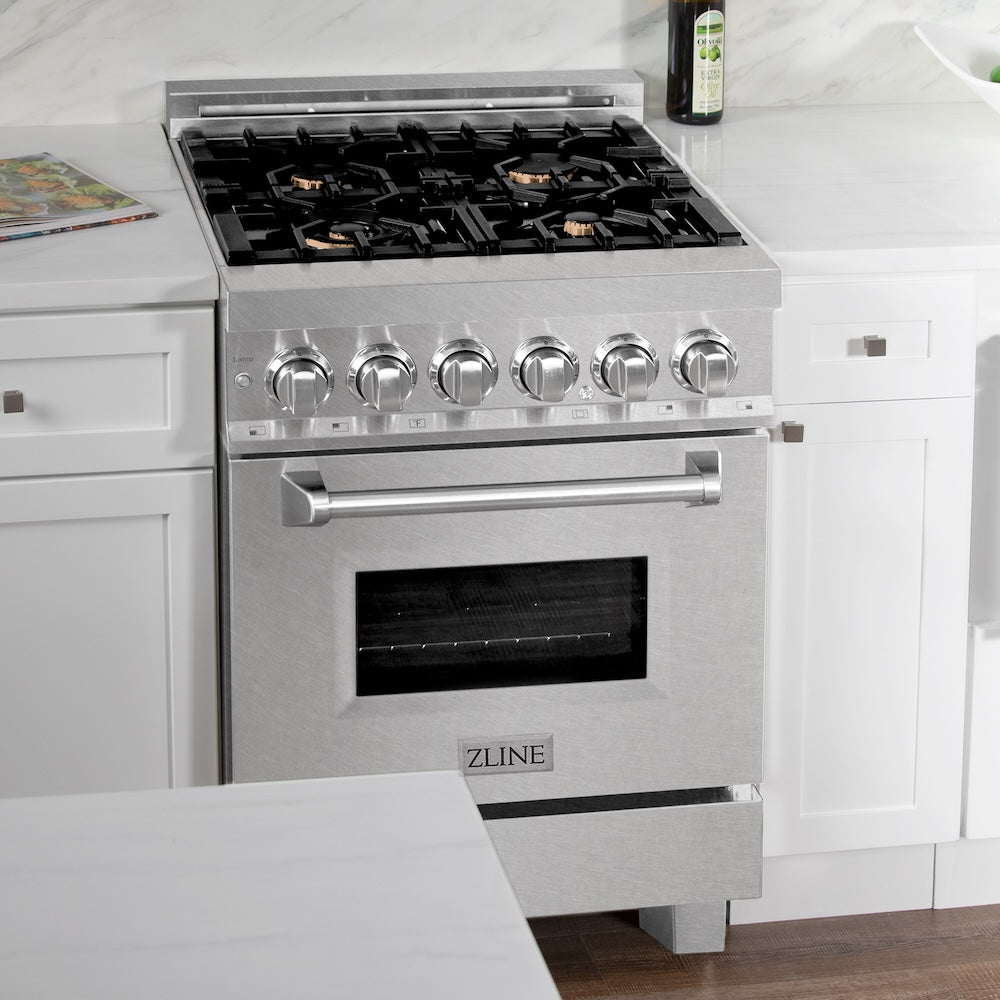 24" 2.8 cu. ft. Dual Fuel Range with Gas Stove and Electric Oven in DuraSnow® (RAS-24) - DuraSnow® With Brass Burners RASSNBR24