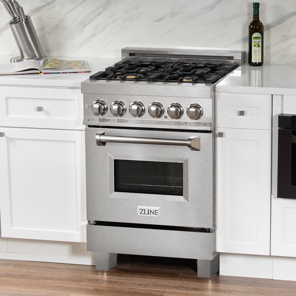 24" 2.8 cu. ft. Dual Fuel Range with Gas Stove and Electric Oven in DuraSnow® (RAS-24) - DuraSnow® With Brass Burners RASSNBR24