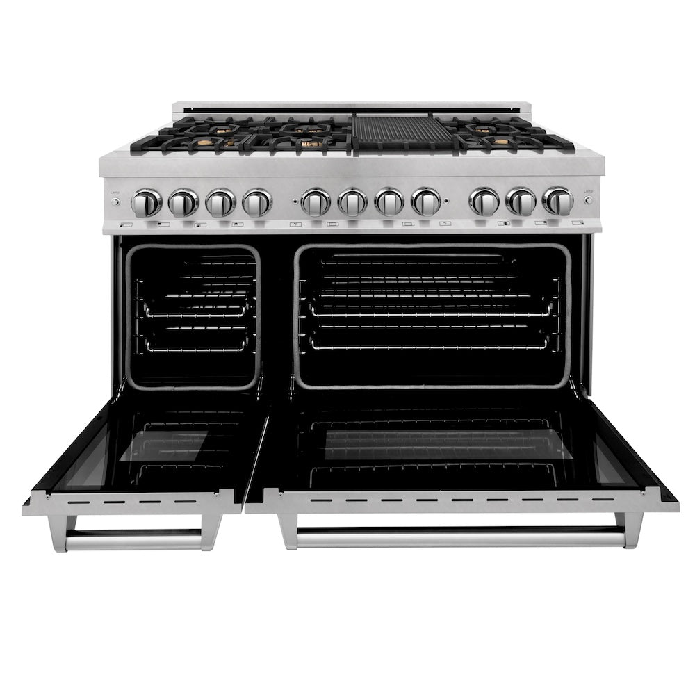 48 In. 6.0 Cu. Ft. Legacy Dual Fuel Range With Gas Cooktop And 2 Electric Ovens In Satin Stainless Steel With 6 Brass Burners RASSNBR48