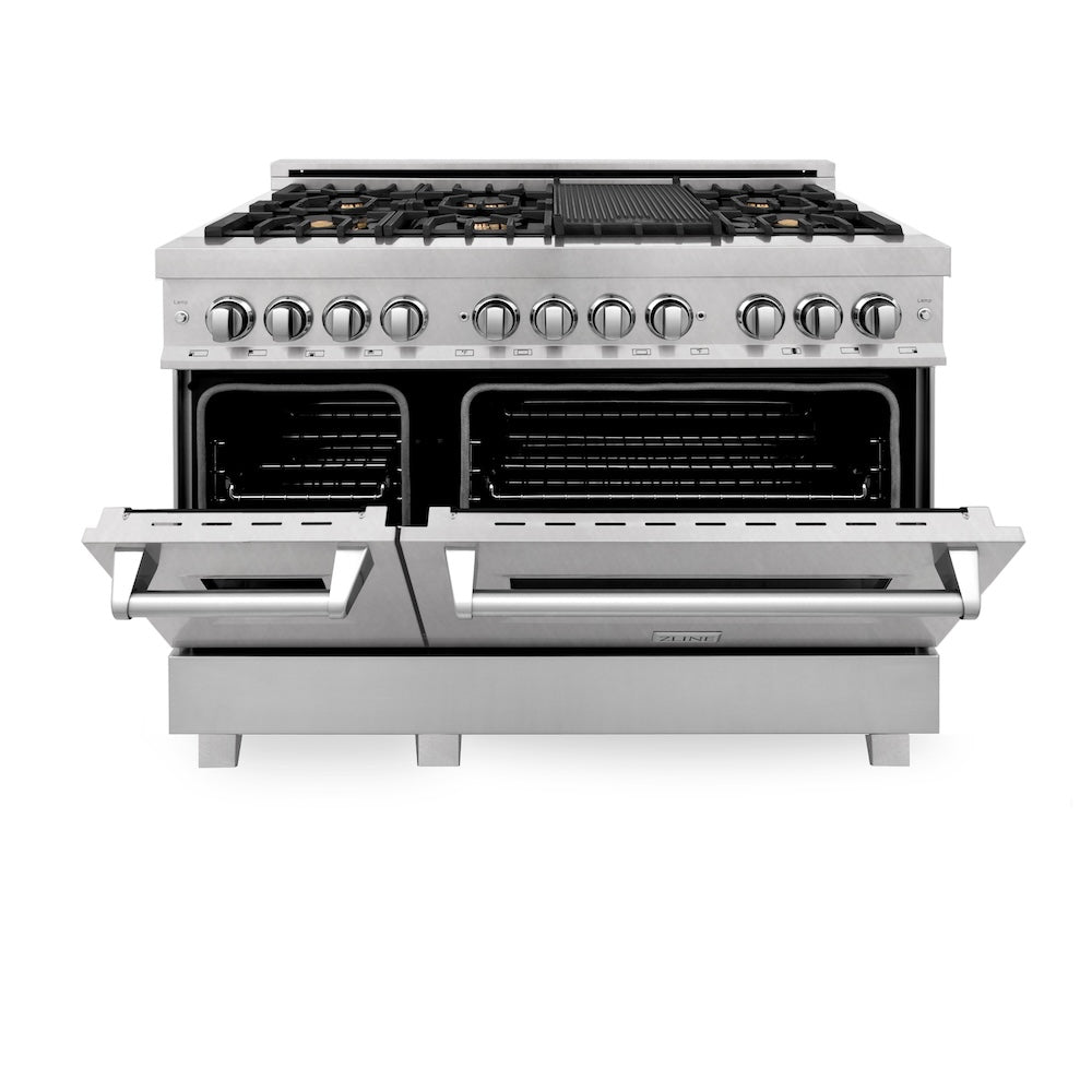 48 In. 6.0 Cu. Ft. Legacy Dual Fuel Range With Gas Cooktop And 2 Electric Ovens In Satin Stainless Steel With 6 Brass Burners RASSNBR48