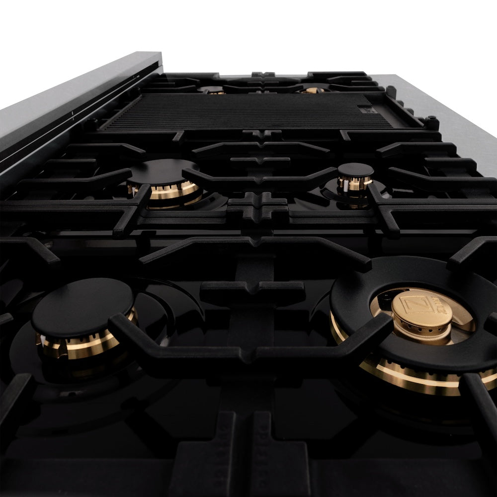 48 In. 6.0 Cu. Ft. Legacy Dual Fuel Range With Gas Cooktop And 2 Electric Ovens In Satin Stainless Steel With 6 Brass Burners RASSNBR48