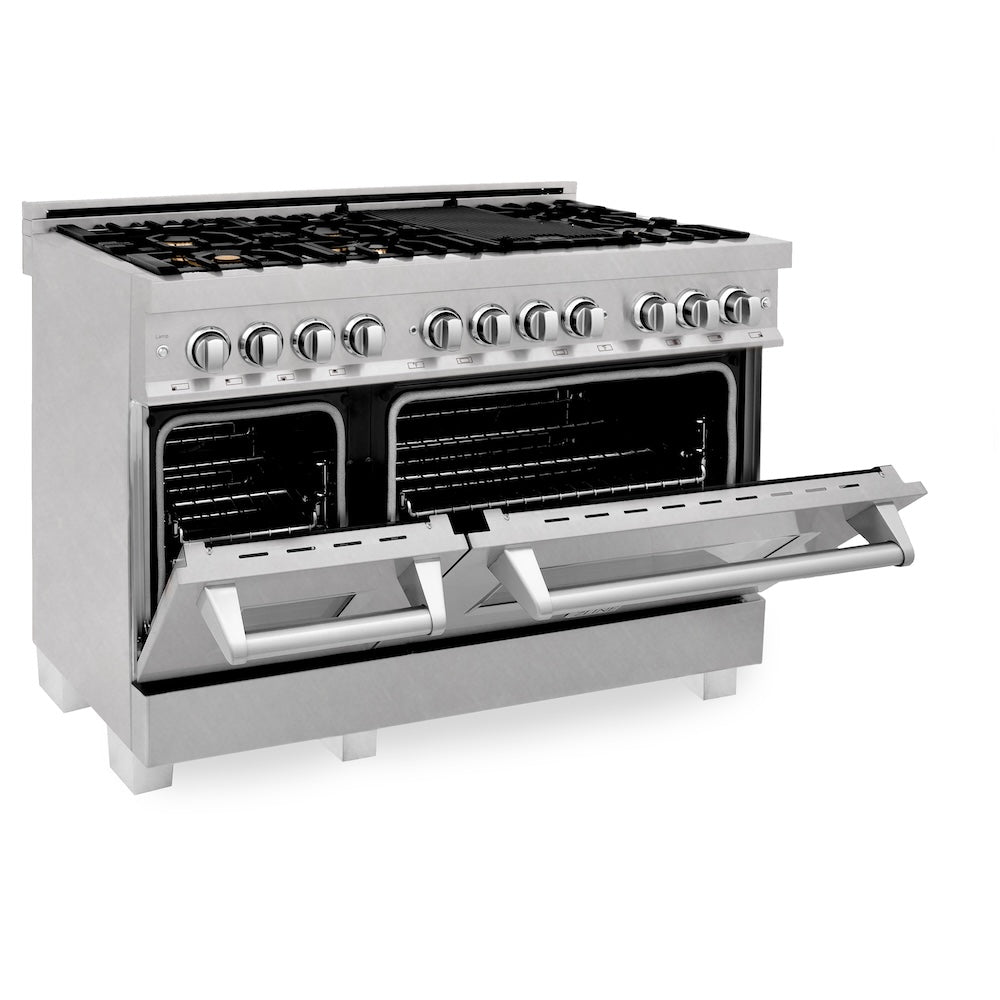 48 In. 6.0 Cu. Ft. Legacy Dual Fuel Range With Gas Cooktop And 2 Electric Ovens In Satin Stainless Steel With 6 Brass Burners RASSNBR48