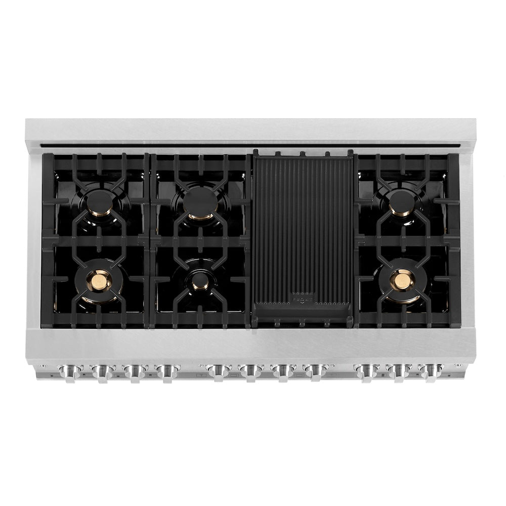 48 In. 6.0 Cu. Ft. Legacy Dual Fuel Range With Gas Cooktop And 2 Electric Ovens In Satin Stainless Steel With 6 Brass Burners RASSNBR48