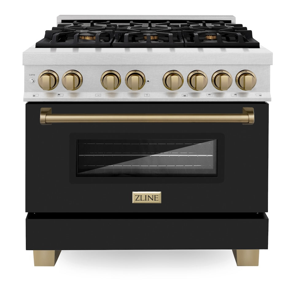 AutographEdition 36 in. 4.6 cu. ft. Dual Fuel Range with Gas Stove and Electric Oven in Fingerprint Resistant DuraSnow Stainless Steel with Black Matte Door and Champagne Bronze Accents RASZBLM36CB