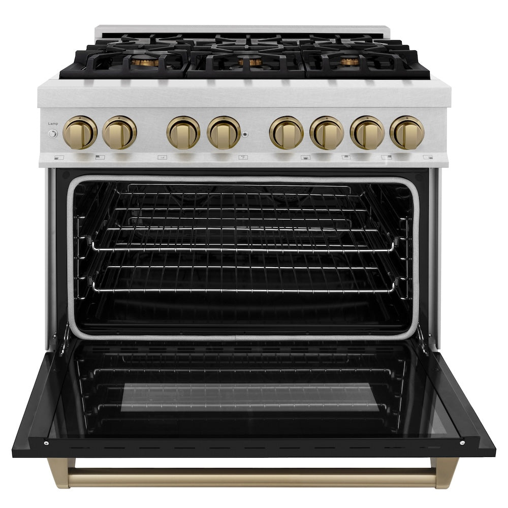 AutographEdition 36 in. 4.6 cu. ft. Dual Fuel Range with Gas Stove and Electric Oven in Fingerprint Resistant DuraSnow Stainless Steel with Black Matte Door and Champagne Bronze Accents RASZBLM36CB