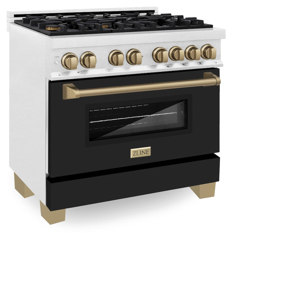 AutographEdition 36 in. 4.6 cu. ft. Dual Fuel Range with Gas Stove and Electric Oven in Fingerprint Resistant DuraSnow Stainless Steel with Black Matte Door and Champagne Bronze Accents RASZBLM36CB