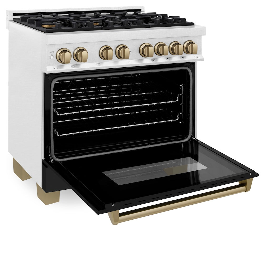 AutographEdition 36 in. 4.6 cu. ft. Dual Fuel Range with Gas Stove and Electric Oven in Fingerprint Resistant DuraSnow Stainless Steel with Black Matte Door and Champagne Bronze Accents RASZBLM36CB