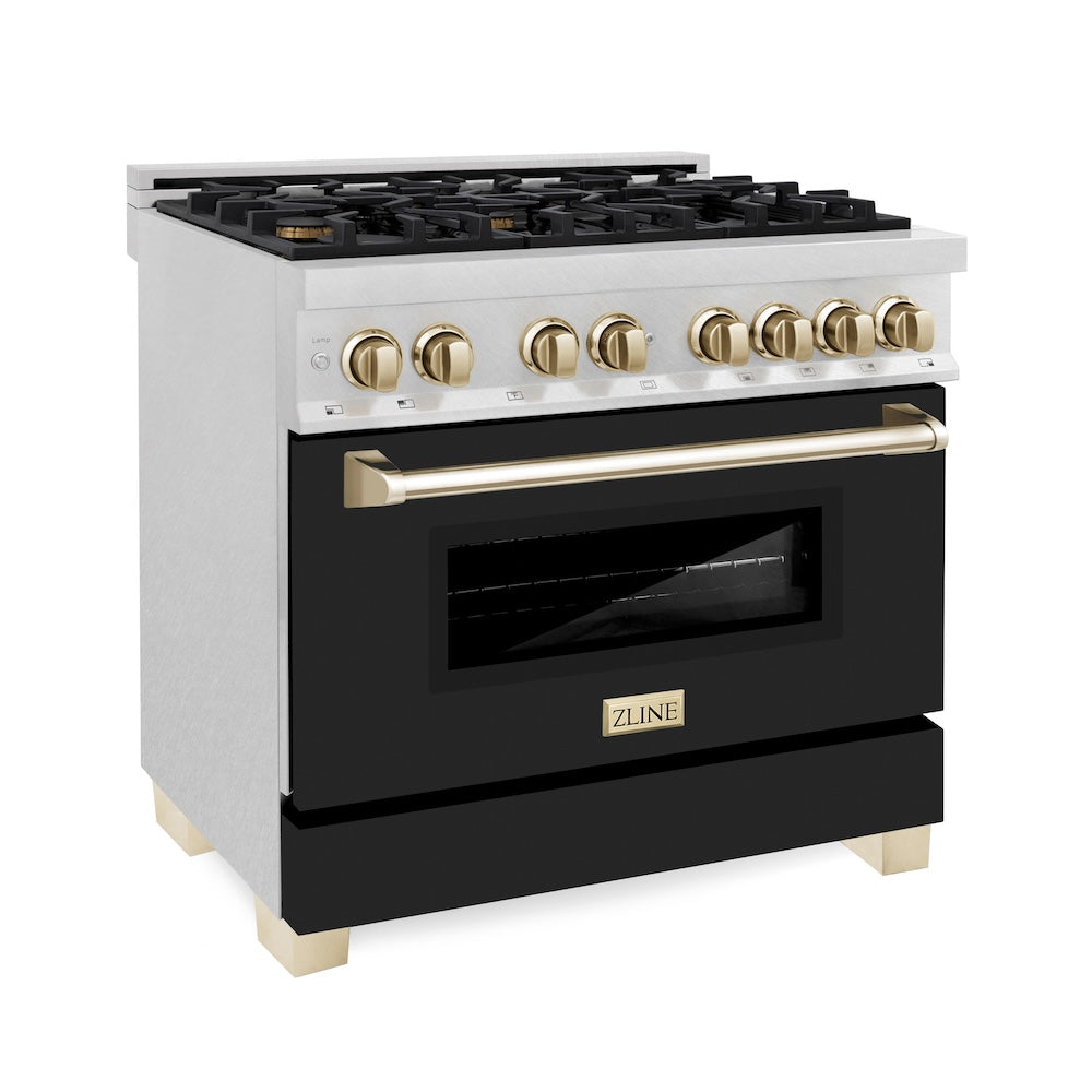 AutographEdition 36 in. 4.6 cu. ft. Dual Fuel Range with Gas Stove and Electric Oven in Fingerprint Resistant DuraSnow Stainless Steel with Black Matte Door and Polished Gold Accents RASZBLM3