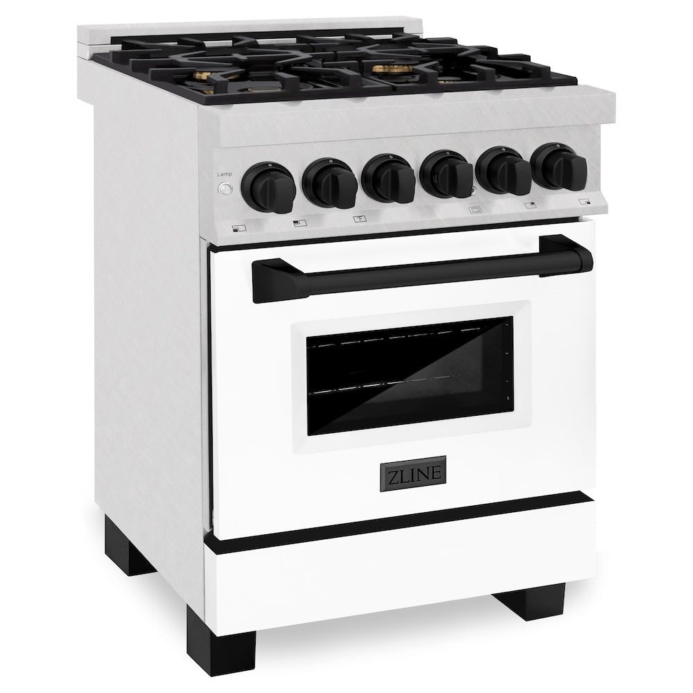 ZLINE Autograph Edition 24 in. 2.8 cu. ft. Legacy Dual Fuel Range with 4 Burner Gas Cooktop and Electric Convection Oven in DuraSnow® Stainless Steel with White Matte Door and Matte Black Acc