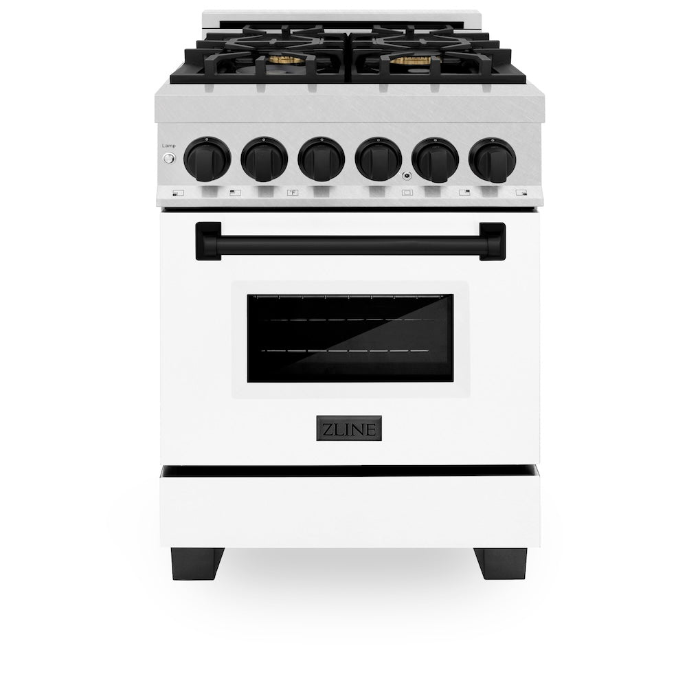 ZLINE Autograph Edition 24 in. 2.8 cu. ft. Legacy Dual Fuel Range with 4 Burner Gas Cooktop and Electric Convection Oven in DuraSnow® Stainless Steel with White Matte Door and Matte Black Acc RASZWM24MB