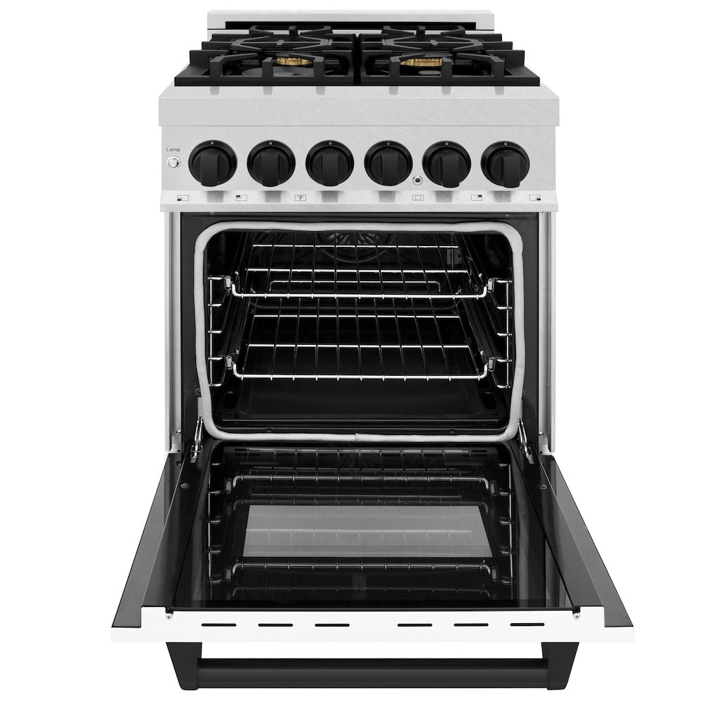 ZLINE Autograph Edition 24 in. 2.8 cu. ft. Legacy Dual Fuel Range with 4 Burner Gas Cooktop and Electric Convection Oven in DuraSnow® Stainless Steel with White Matte Door and Matte Black Acc RASZWM24MB