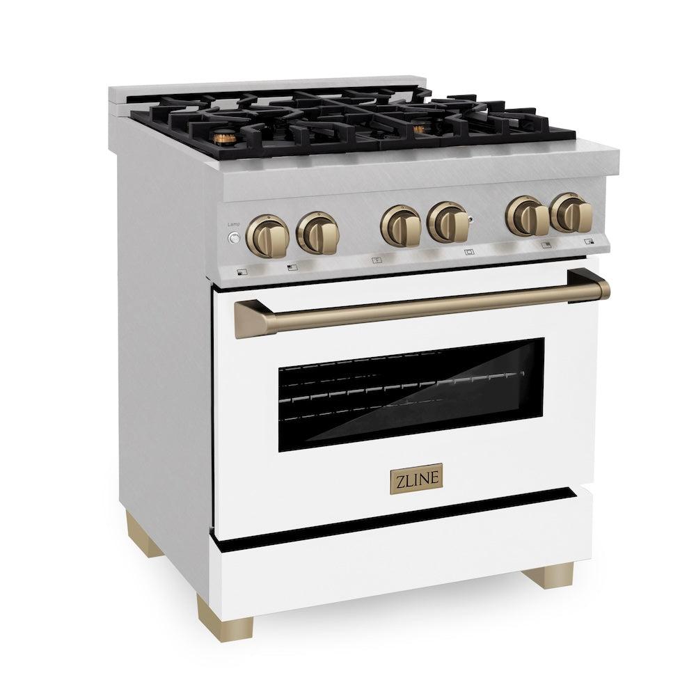 Autograph Edition 30" 4.0 cu. ft. Dual Fuel Range with Gas Stove and Electric Oven with White Matte Door and Champagne Bronze Accents RASZWM30CB
