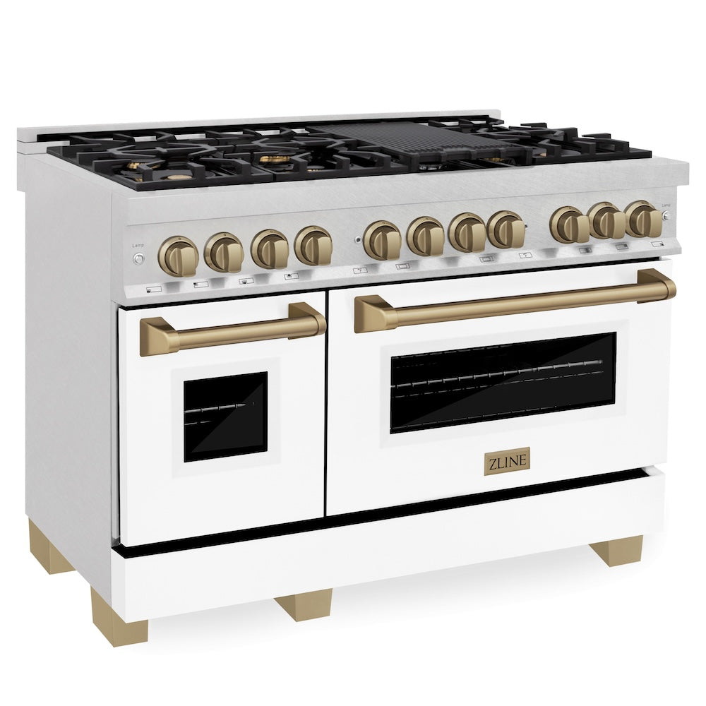 Autograph Edition 48" 6.0 cu. ft. Dual Fuel Range with Gas Stove and Electric Oven with White Matte Door and Champagne Bronze Accents RASZWM48CB