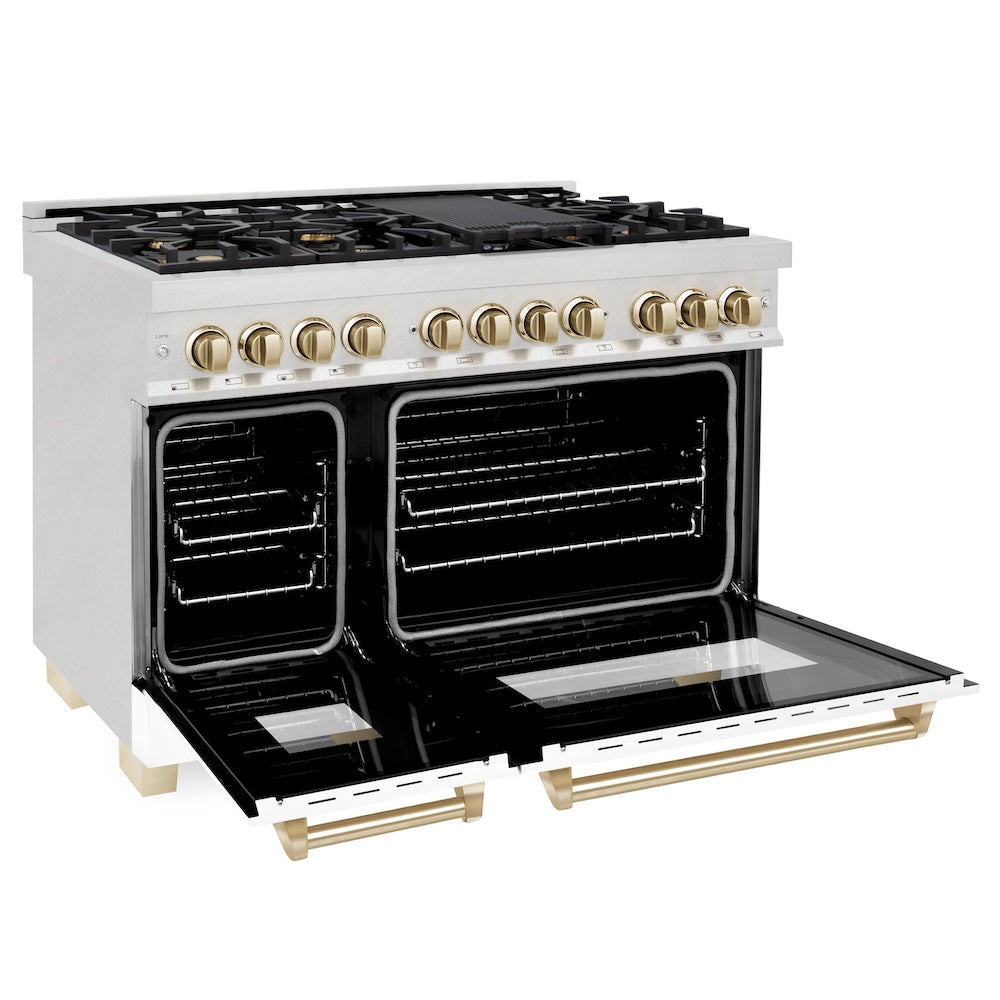 Autograph Edition 48" 6.0 cu. ft. Dual Fuel Range with Gas Stove and Electric Oven with White Matte Door and Gold Accents RASZWM48G