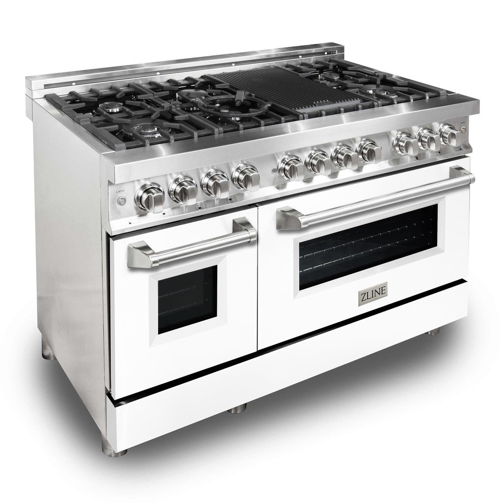 48" 6.0 cu. ft. Dual Fuel Range with Gas Stove and Electric Oven and White Matte Door RAWM48