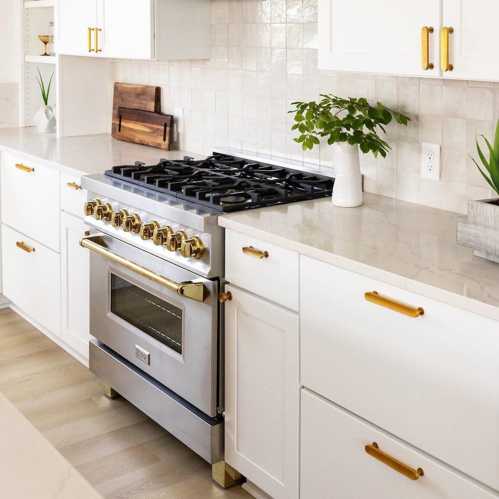 Autograph Edition 36 In. 4.6 Cu. Ft. Legacy Dual Fuel Range With 6 Burner Gas Cooktop And Electric Convection Oven In Stainless Steel And Polished Gold Accents RAZ36G