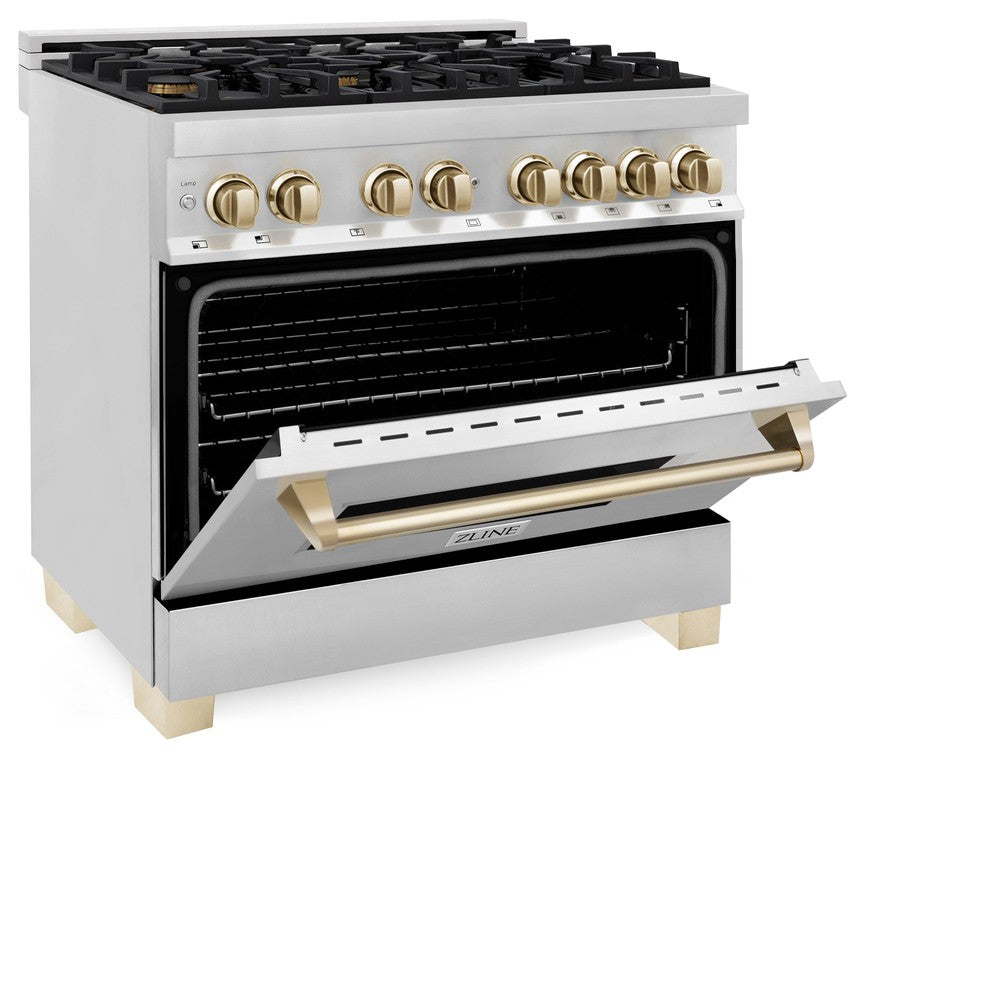 Autograph Edition 36 In. 4.6 Cu. Ft. Legacy Dual Fuel Range With 6 Burner Gas Cooktop And Electric Convection Oven In Stainless Steel And Polished Gold Accents RAZ36G