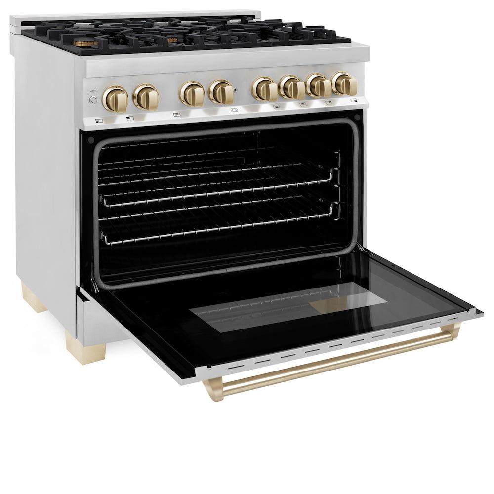 Autograph Edition 36 In. 4.6 Cu. Ft. Legacy Dual Fuel Range With 6 Burner Gas Cooktop And Electric Convection Oven In Stainless Steel And Polished Gold Accents RAZ36G