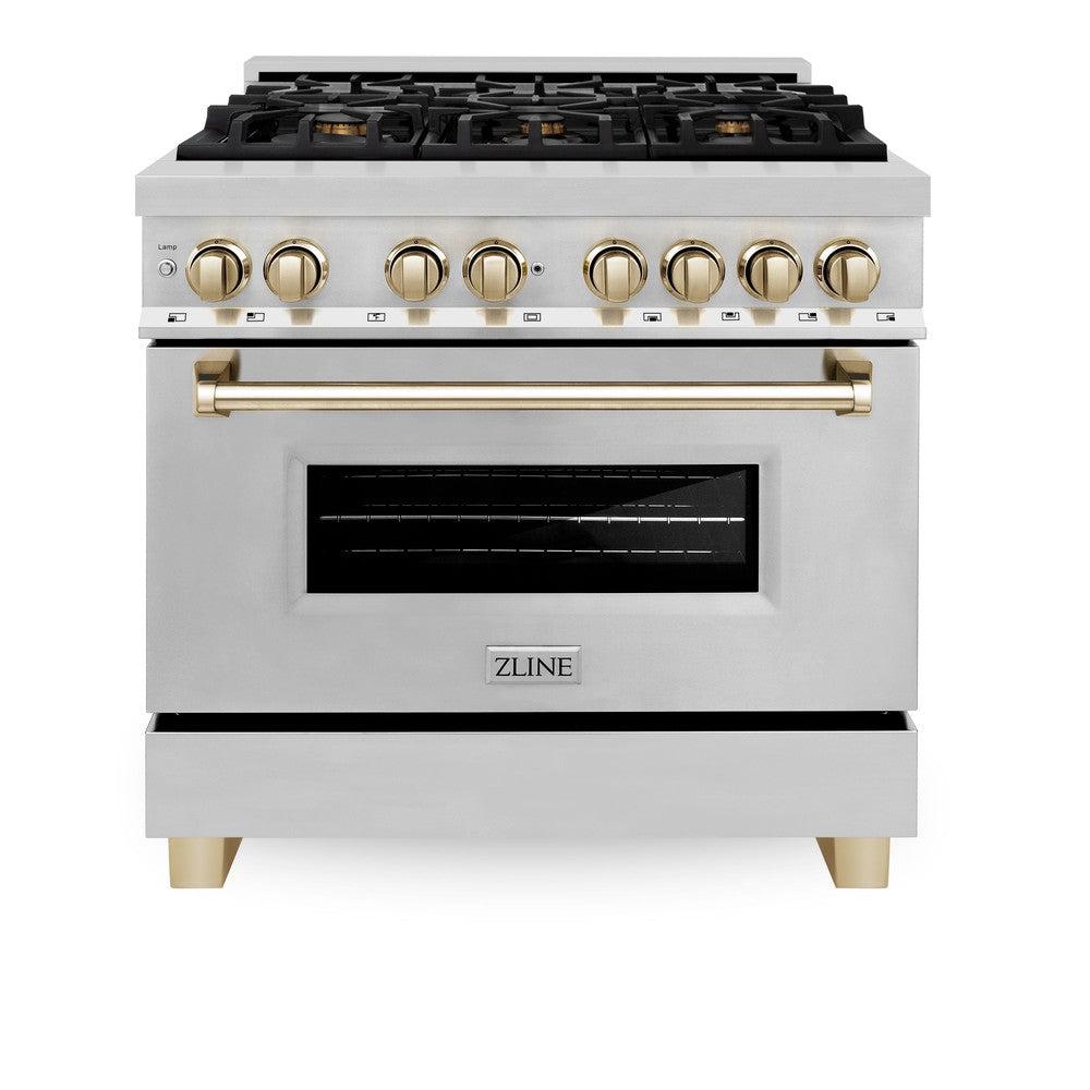 Autograph Edition 36 In. 4.6 Cu. Ft. Legacy Dual Fuel Range With 6 Burner Gas Cooktop And Electric Convection Oven In Stainless Steel And Polished Gold Accents RAZ36G