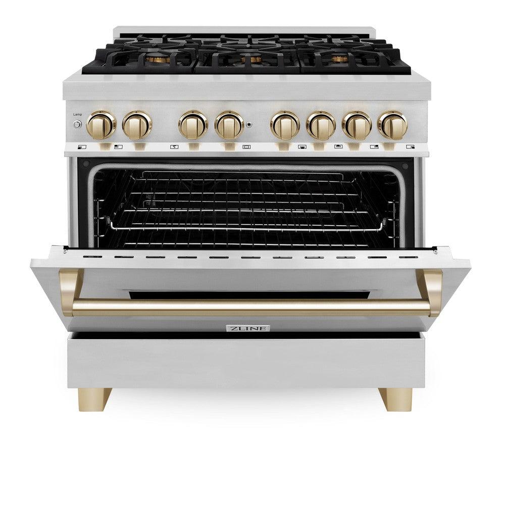 Autograph Edition 36 In. 4.6 Cu. Ft. Legacy Dual Fuel Range With 6 Burner Gas Cooktop And Electric Convection Oven In Stainless Steel And Polished Gold Accents RAZ36G