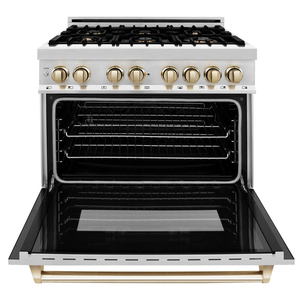 Autograph Edition 36 In. 4.6 Cu. Ft. Legacy Dual Fuel Range With 6 Burner Gas Cooktop And Electric Convection Oven In Stainless Steel And Polished Gold Accents RAZ36G
