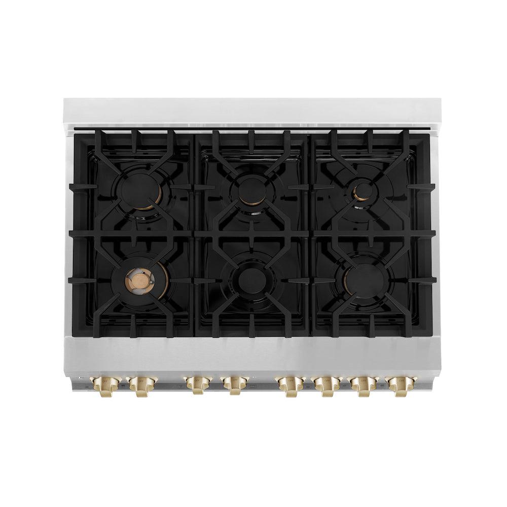 Autograph Edition 36 In. 4.6 Cu. Ft. Legacy Dual Fuel Range With 6 Burner Gas Cooktop And Electric Convection Oven In Stainless Steel And Polished Gold Accents RAZ36G