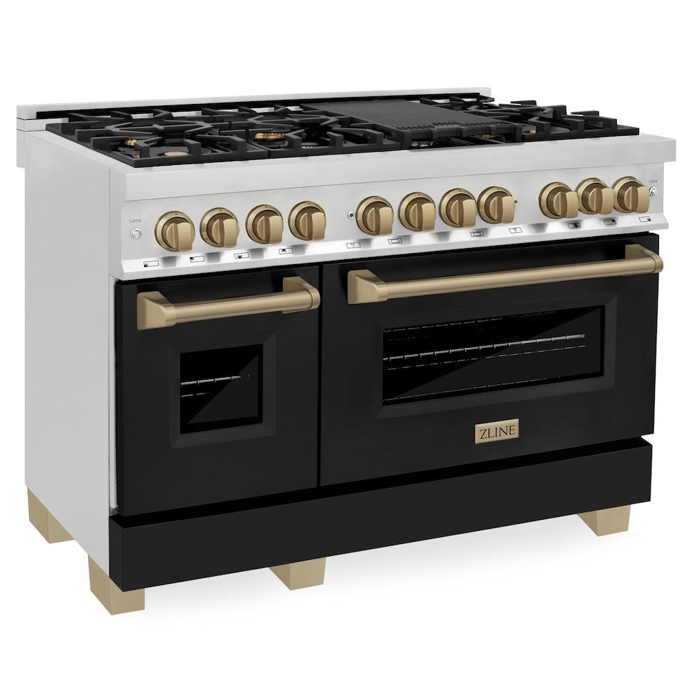 AutographEdition 48" 6.0 cu. ft. Dual Fuel Range with Gas Stove and Electric Oven in Stainless Steel with Black Matte Door and Champagne Bronze Accents RAZBLM48CB
