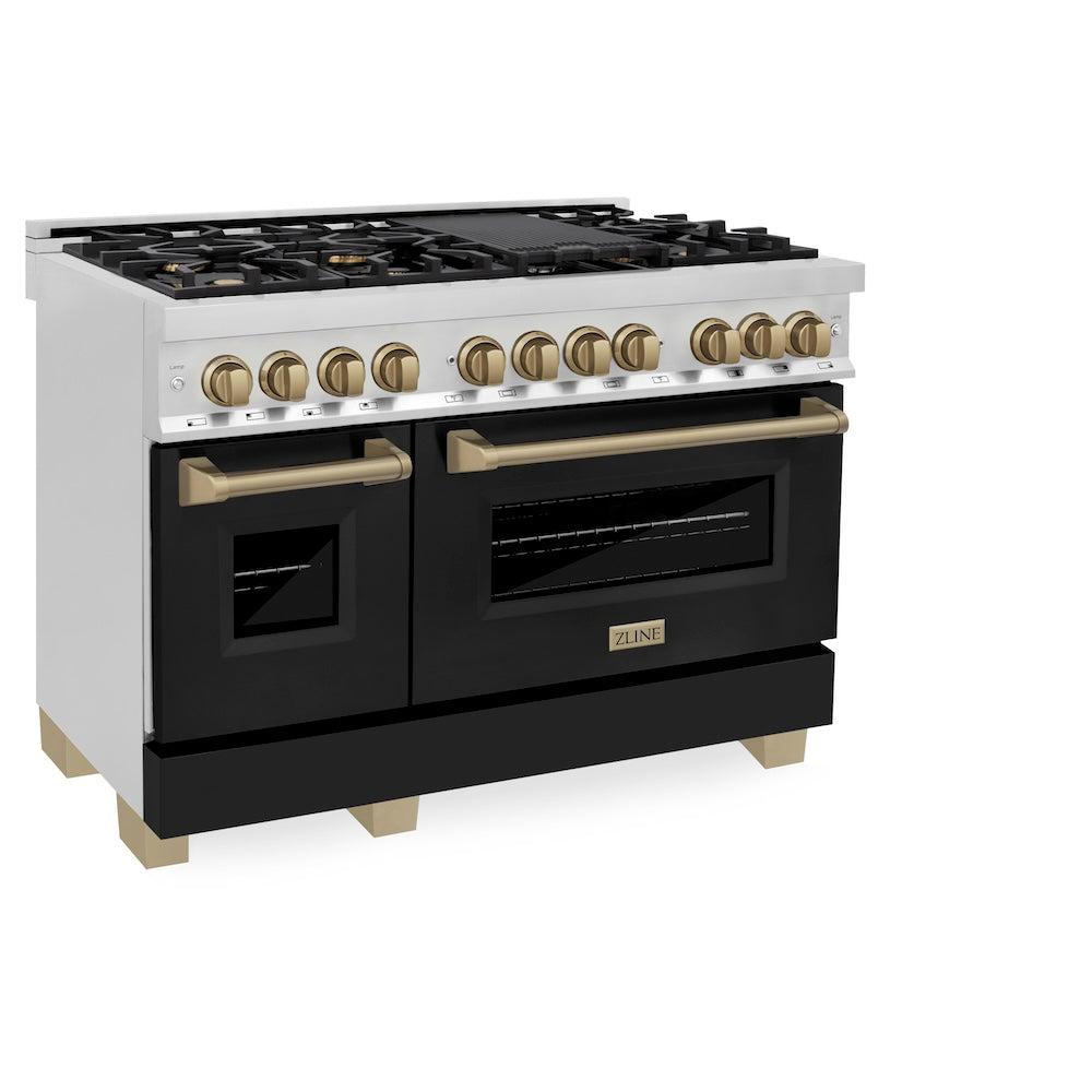 AutographEdition 48" 6.0 cu. ft. Dual Fuel Range with Gas Stove and Electric Oven in Stainless Steel with Black Matte Door and Champagne Bronze Accents RAZBLM48CB