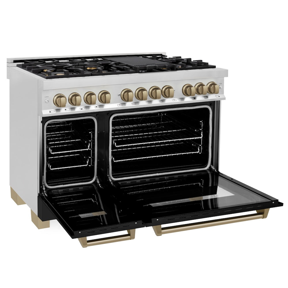 AutographEdition 48" 6.0 cu. ft. Dual Fuel Range with Gas Stove and Electric Oven in Stainless Steel with Black Matte Door and Champagne Bronze Accents RAZBLM48CB