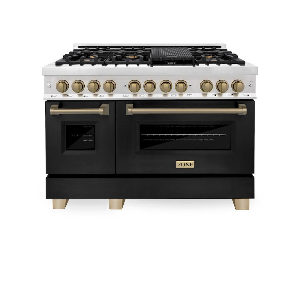 AutographEdition 48" 6.0 cu. ft. Dual Fuel Range with Gas Stove and Electric Oven in Stainless Steel with Black Matte Door and Champagne Bronze Accents RAZBLM48CB