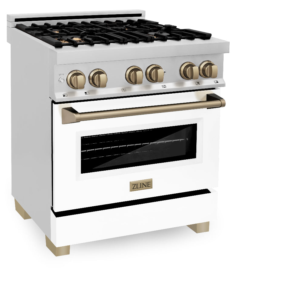 Autograph Edition 30" 4.0 cu. ft. Dual Fuel Range with Gas Stove and Electric Oven with White Matte Door and Champagne Bronze Accents RAZWM30CB