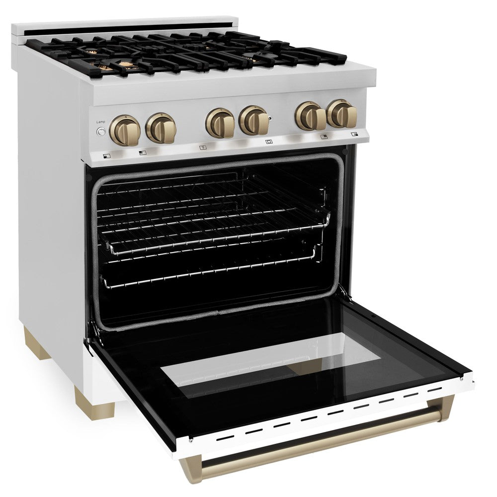 Autograph Edition 30" 4.0 cu. ft. Dual Fuel Range with Gas Stove and Electric Oven with White Matte Door and Champagne Bronze Accents RAZWM30CB
