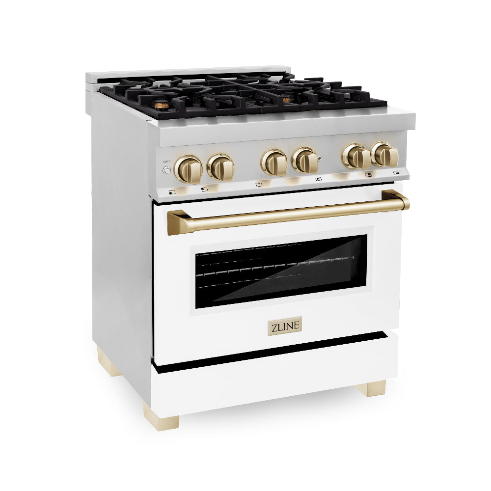 Autograph Edition 30" 4.0 cu. ft. Dual Fuel Range with Gas Stove and Electric Oven with White Matte Door and Gold Accents RAZWM30G