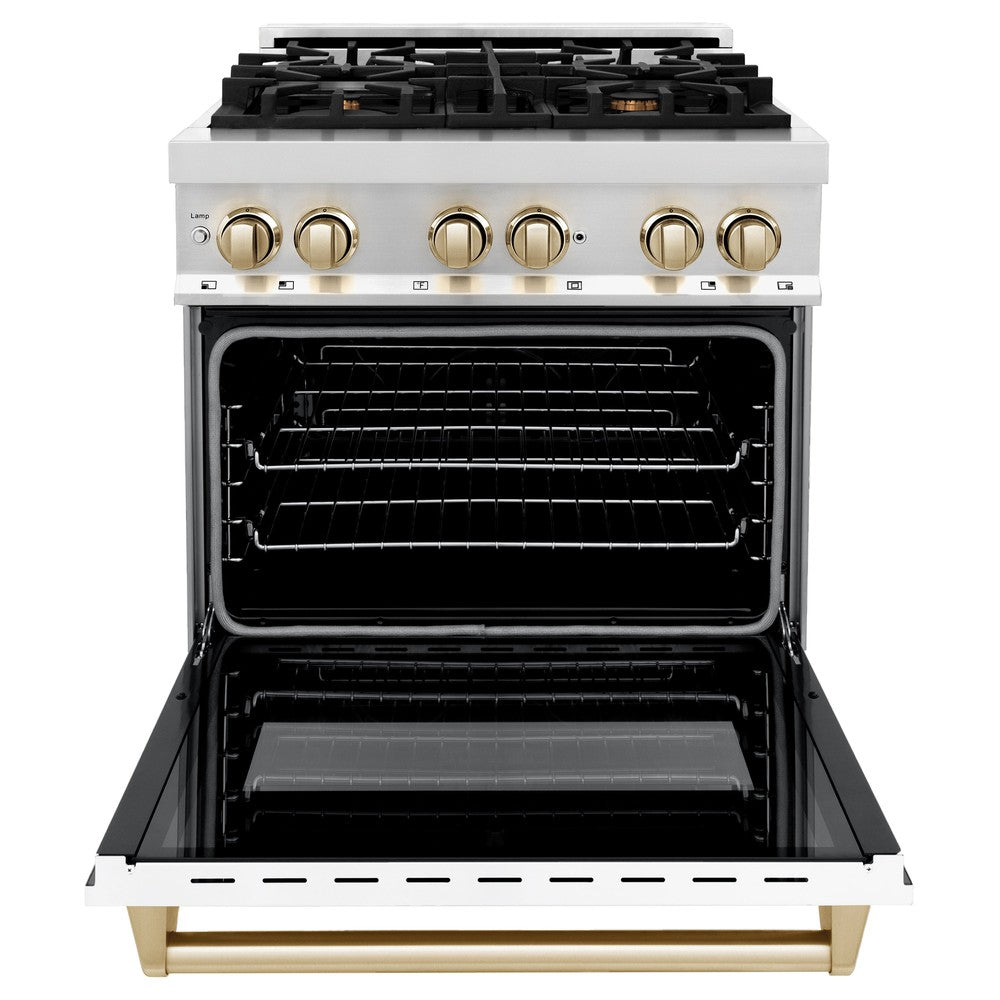 Autograph Edition 30" 4.0 cu. ft. Dual Fuel Range with Gas Stove and Electric Oven with White Matte Door and Gold Accents RAZWM30G