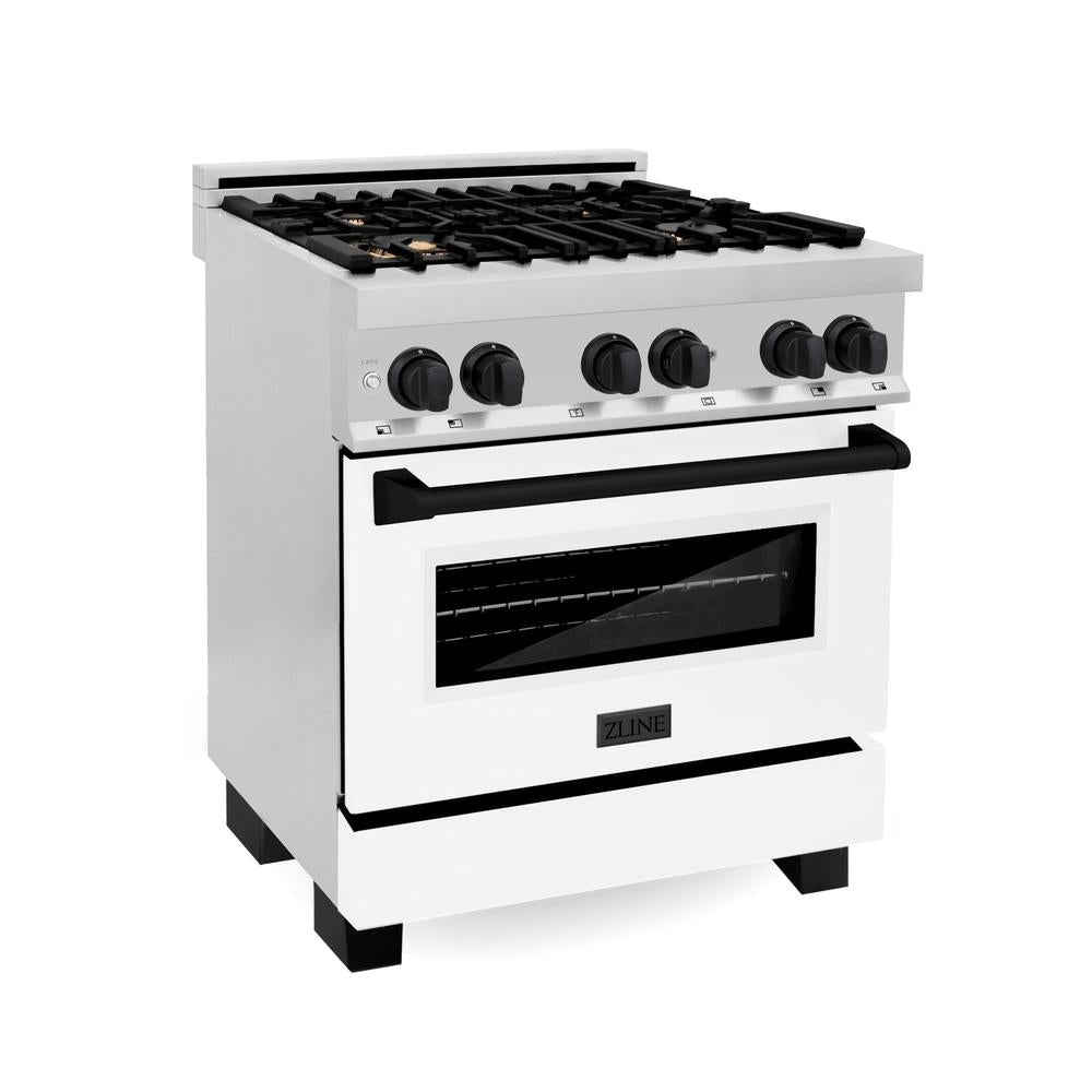 30" 4.0 cu. ft. Dual Fuel Range with Gas Stove and Electric Oven with White Matte Door and Matte Black Accents RAZWM30MB