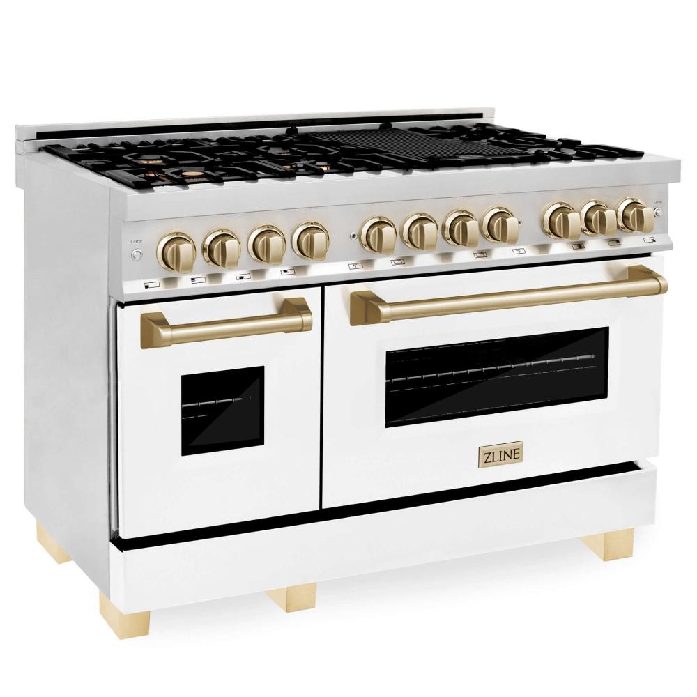 Autograph Edition 48" 6.0 cu. ft. Dual Fuel Range with Gas Stove and Electric Oven with White Matte Door and Gold Accents RAZWM48G