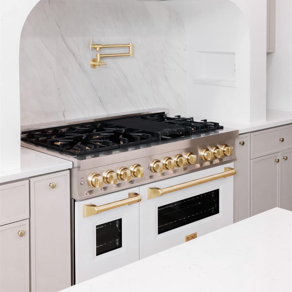 Autograph Edition 48 In. 6.0 Cu. Ft. Legacy Dual Fuel Range With 7 Burner Gas Cooktop And 2 Electric Ovens In Stainless Steel With White Matte Doors And Polished Gold Accents RAZWM48G