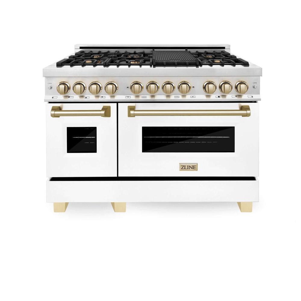 Autograph Edition 48 In. 6.0 Cu. Ft. Legacy Dual Fuel Range With 7 Burner Gas Cooktop And 2 Electric Ovens In Stainless Steel With White Matte Doors And Polished Gold Accents RAZWM48G