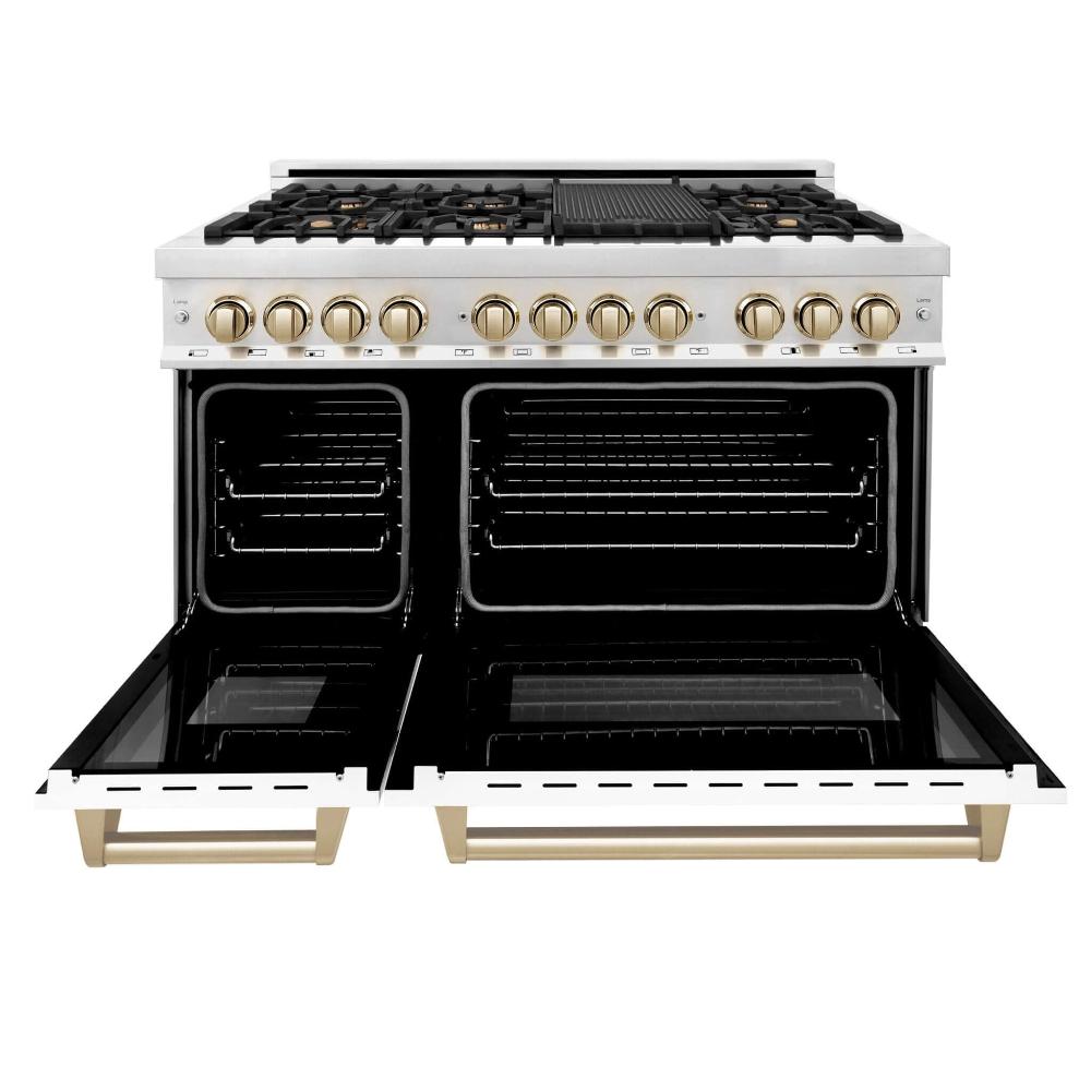 Autograph Edition 48 In. 6.0 Cu. Ft. Legacy Dual Fuel Range With 7 Burner Gas Cooktop And 2 Electric Ovens In Stainless Steel With White Matte Doors And Polished Gold Accents RAZWM48G