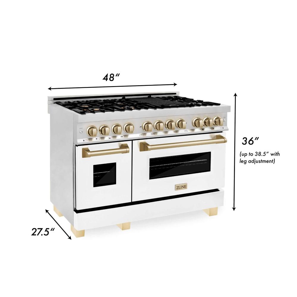 Autograph Edition 48 In. 6.0 Cu. Ft. Legacy Dual Fuel Range With 7 Burner Gas Cooktop And 2 Electric Ovens In Stainless Steel With White Matte Doors And Polished Gold Accents RAZWM48G