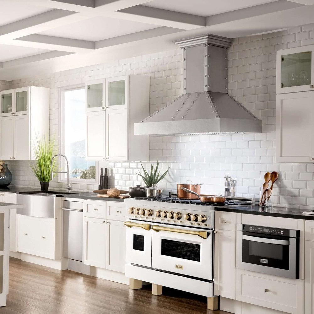 Autograph Edition 48 In. 6.0 Cu. Ft. Legacy Dual Fuel Range With 7 Burner Gas Cooktop And 2 Electric Ovens In Stainless Steel With White Matte Doors And Polished Gold Accents RAZWM48G