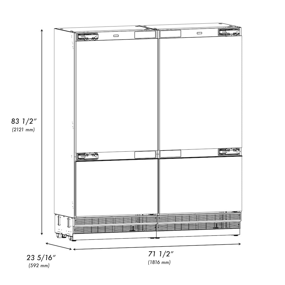 ZLINE 72 in. 39.6 cu. ft. Panel Ready French Door Built-In Bottom Freezer Refrigerator with Water Dispensers and Ice Makers (RBIT-72) RBIT72