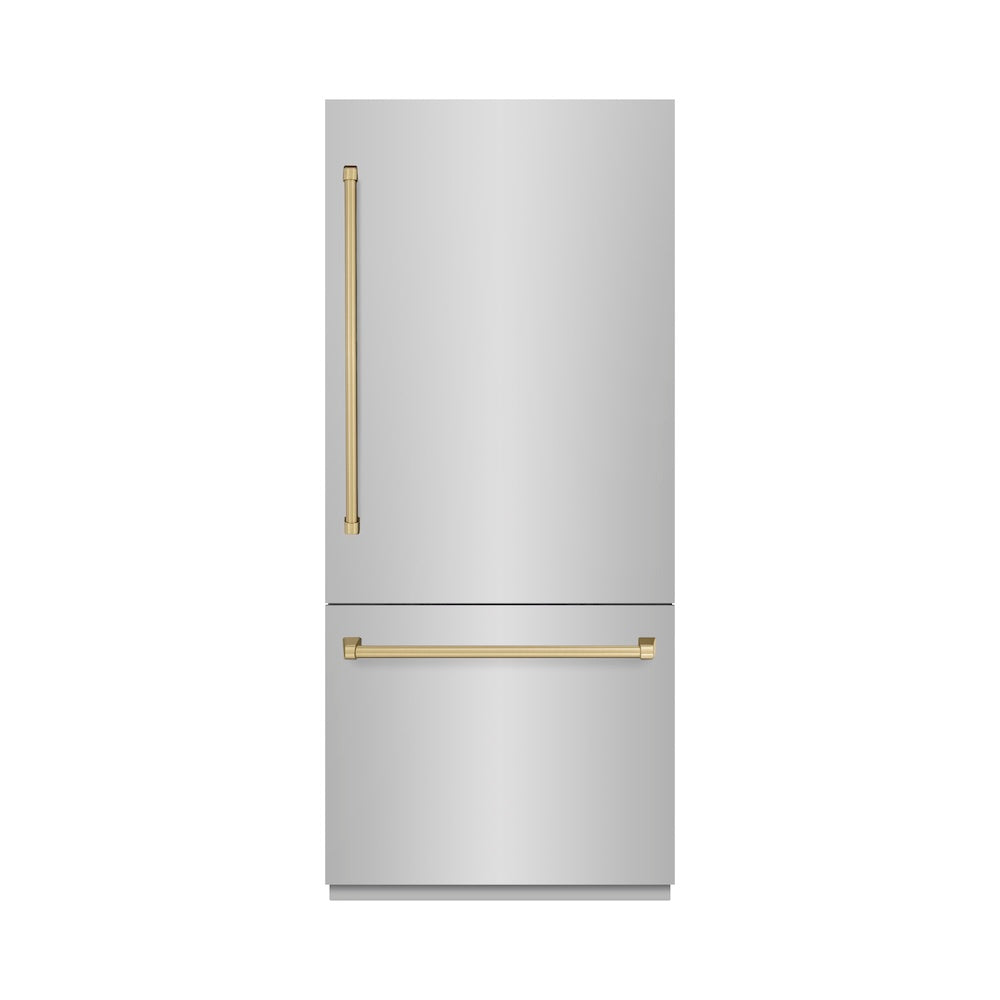 ZLINE Autograph Edition 36 in. 19.8 cu. ft. Built-In Bottom Freezer Refrigerator with Water Dispenser and Ice Maker in Stainless Steel with Champagne Bronze Accents (RBITZ-304-36CB) RBITZ3043