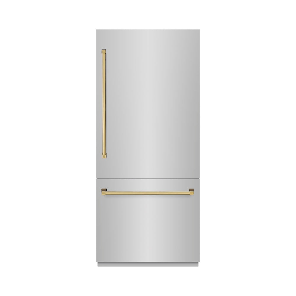 ZLINE Autograph Edition 36 in. 19.8 cu. ft. Built-In Bottom Freezer Refrigerator with Water Dispenser and Ice Maker in Stainless Steel with Polished Gold Accents (RBITZ-304-36G) RBITZ30436G