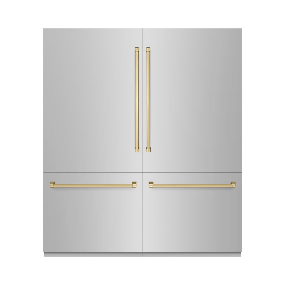 ZLINE Autograph Edition 72 in. 39.6 cu. ft. French Door Built-In Bottom Freezer Refrigerator with Water Dispensers and Ice Makers in Stainless Steel with Champagne Bronze Accents (RBITZ-304-7