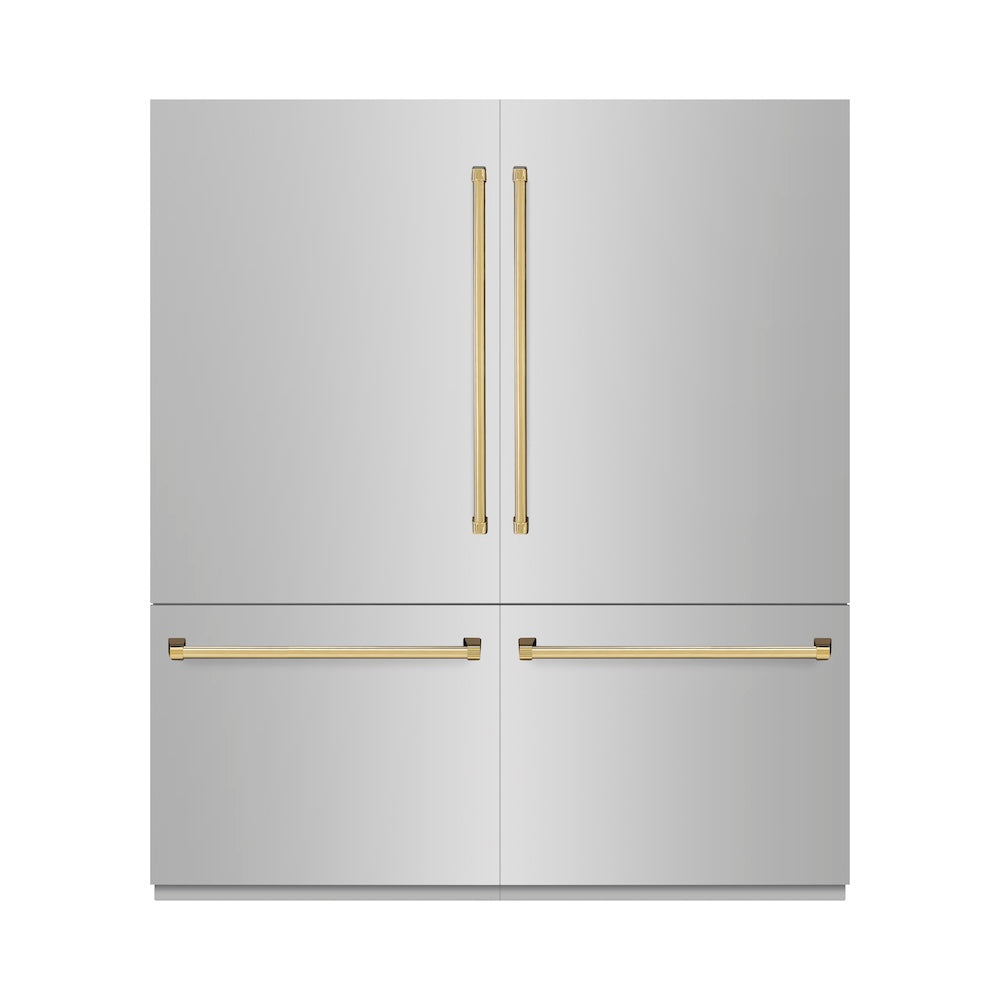 ZLINE Autograph Edition 72 in. 39.6 cu. ft. French Door Built-In Bottom Freezer Refrigerator with Water Dispensers and Ice Makers in Stainless Steel with Polished Gold Accents (RBITZ-304-72G)