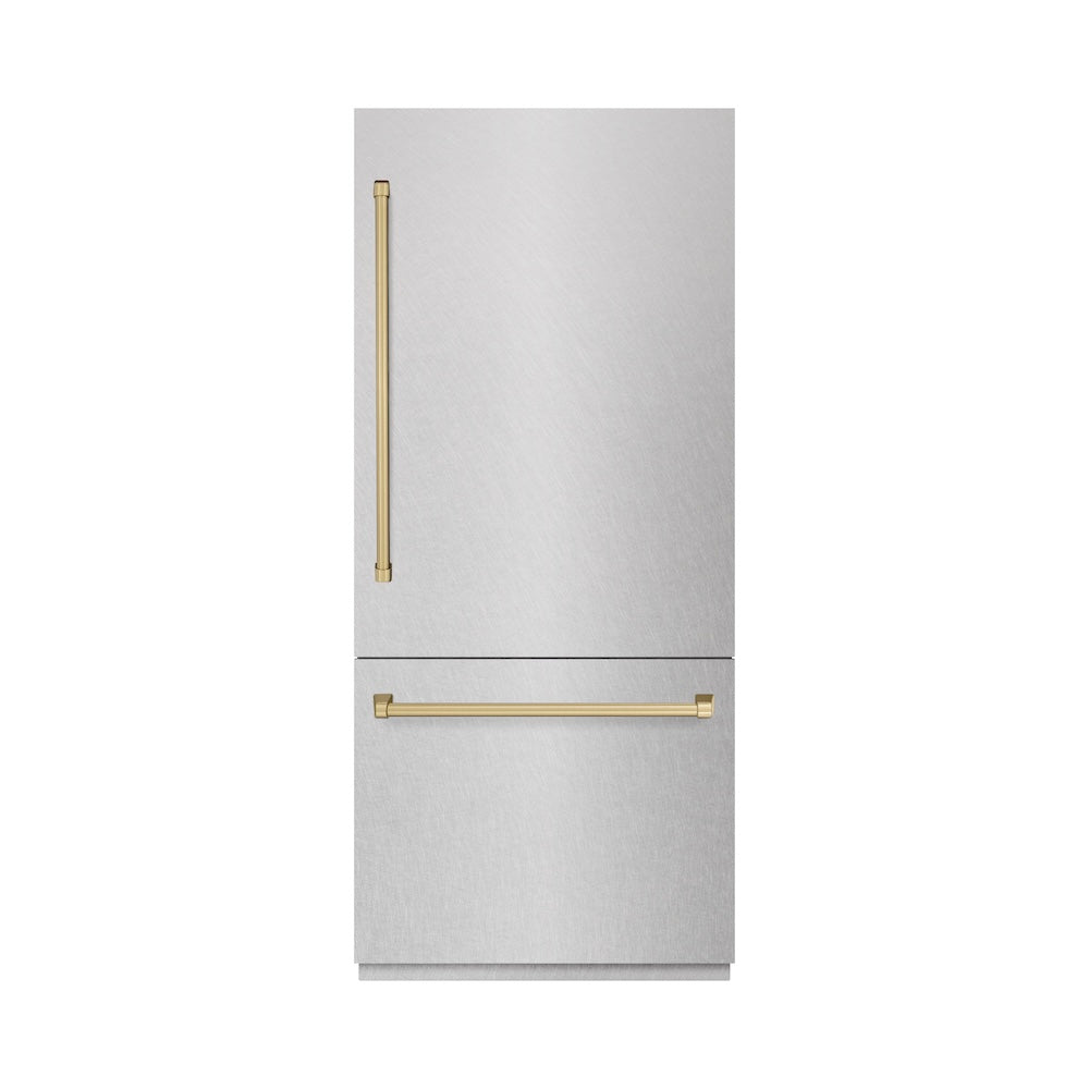 ZLINE Autograph Edition 36 in. 19.8 cu. ft. Built-In Bottom Freezer Refrigerator with Water Dispenser and Ice Maker in DuraSnow® Stainless Steel and Champagne Bronze Accents (RBITZ-SN-36-CB) 