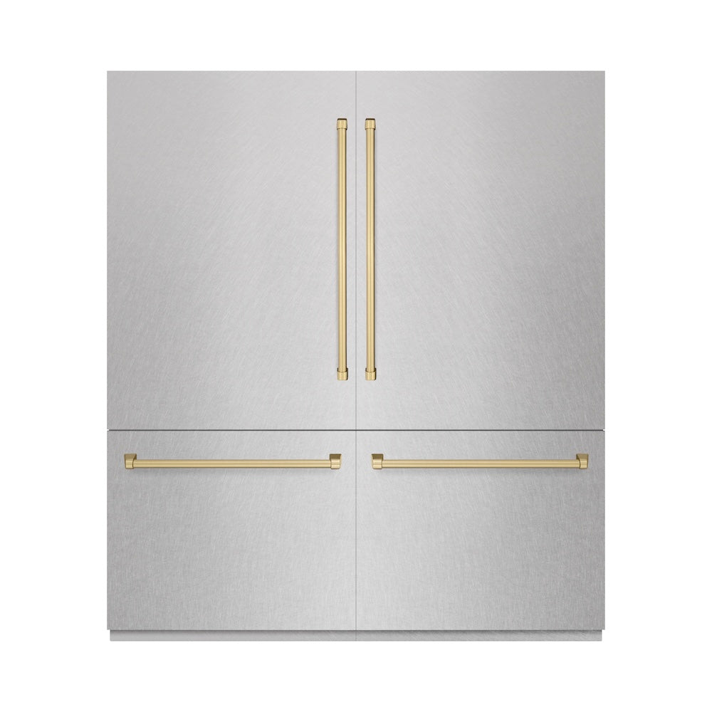 ZLINE Autograph Edition 72 in. 39.6 cu. ft. French Door Built-In Bottom Freezer Refrigerator with Water Dispensers and Ice Makers in DuraSnow® Stainless Steel and Champagne Bronze Accents (RB