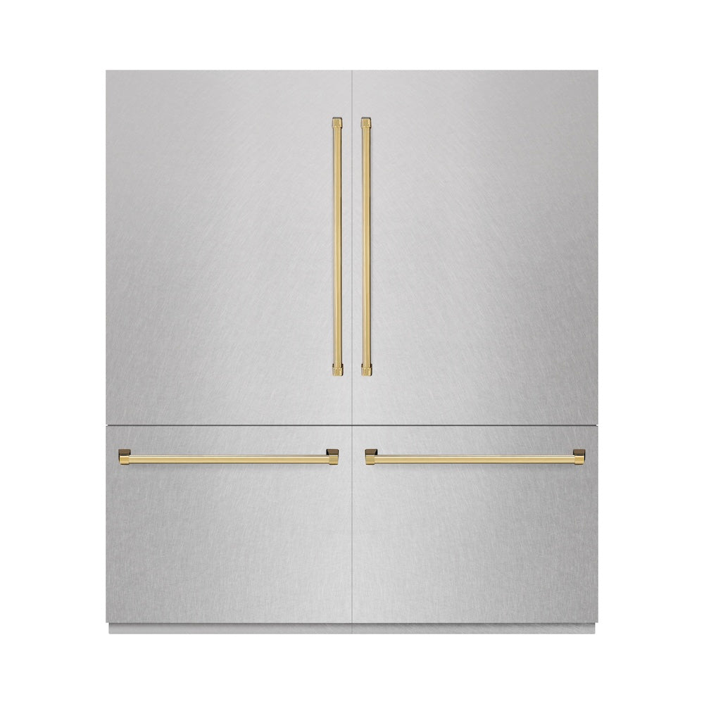 ZLINE Autograph Edition 72 in. 39.6 cu. ft. French Door Built-In Bottom Freezer Refrigerator with Water Dispensers and Ice Makers in DuraSnow® Stainless Steel and Polished Gold Accents (RBITZ