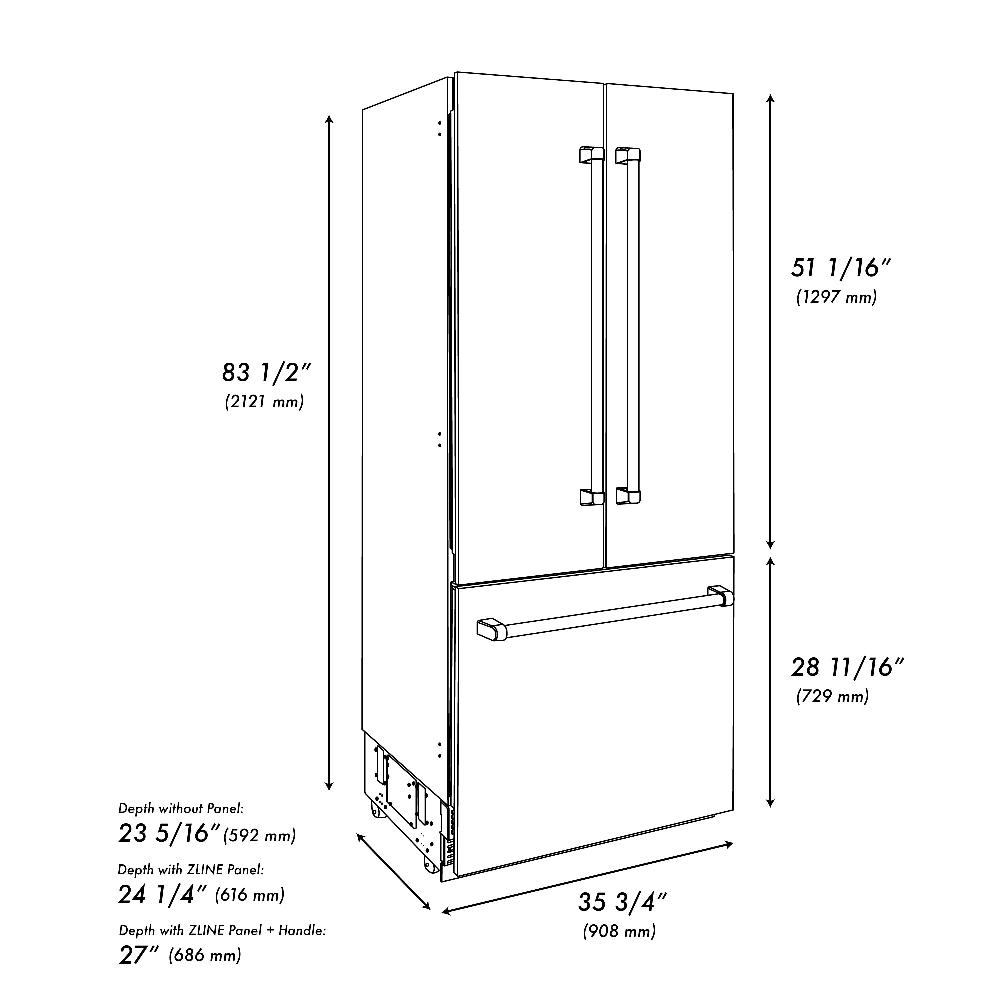 36"19.6 cu. ft. Built-In 3-Door French Door Refrigerator with Internal Water and Ice Dispenser in Stainless Steel RBIV30436
